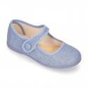 LINEN Cotton canvas Girl Mary Jane shoes with hook and loop strap closure and button.