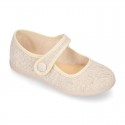 LINEN Cotton canvas Girl Mary Jane shoes with hook and loop strap closure and button.