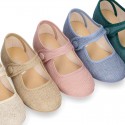 LINEN Cotton canvas Girl Mary Jane shoes with hook and loop strap closure and button.