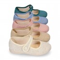 LINEN Cotton canvas Girl Mary Jane shoes with hook and loop strap closure and button.