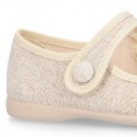 LINEN Cotton canvas Girl Mary Jane shoes with hook and loop strap closure and button.