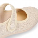 LINEN Cotton canvas Girl Mary Jane shoes with hook and loop strap closure and button.