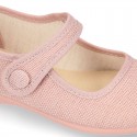 LINEN Cotton canvas Girl Mary Jane shoes with hook and loop strap closure and button.