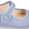 LINEN Cotton canvas Girl Mary Jane shoes with hook and loop strap closure and button.