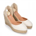 Shiny WHITE Cotton canvas wedge woman espadrilles shoes with ribbons closure.