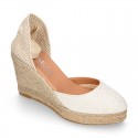 Shiny WHITE Cotton canvas wedge woman espadrilles shoes with ribbons closure.
