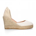 Shiny WHITE Cotton canvas wedge woman espadrilles shoes with ribbons closure.