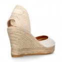 Shiny WHITE Cotton canvas wedge woman espadrilles shoes with ribbons closure.