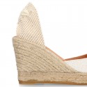 Shiny WHITE Cotton canvas wedge woman espadrilles shoes with ribbons closure.