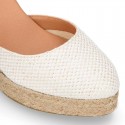 Shiny WHITE Cotton canvas wedge woman espadrilles shoes with ribbons closure.