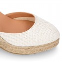 Shiny WHITE Cotton canvas wedge woman espadrilles shoes with ribbons closure.