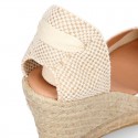 Shiny WHITE Cotton canvas wedge woman espadrilles shoes with ribbons closure.