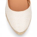 Shiny WHITE Cotton canvas wedge woman espadrilles shoes with ribbons closure.