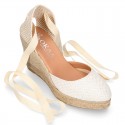 Shiny WHITE Cotton canvas wedge woman espadrilles shoes with ribbons closure.