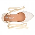 Shiny WHITE Cotton canvas wedge woman espadrilles shoes with ribbons closure.