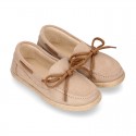 Suede leather Kids Moccasin shoes espadrille style with ribbons design.