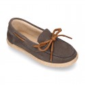 Suede leather Kids Moccasin shoes espadrille style with ribbons design.