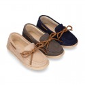 Suede leather Kids Moccasin shoes espadrille style with ribbons design.