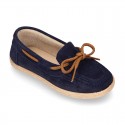 Suede leather Kids Moccasin shoes espadrille style with ribbons design.