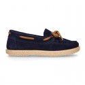 Suede leather Kids Moccasin shoes espadrille style with ribbons design.