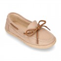 Suede leather Kids Moccasin shoes espadrille style with ribbons design.