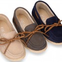 Suede leather Kids Moccasin shoes espadrille style with ribbons design.