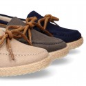 Suede leather Kids Moccasin shoes espadrille style with ribbons design.