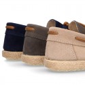 Suede leather Kids Moccasin shoes espadrille style with ribbons design.