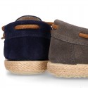 Suede leather Kids Moccasin shoes espadrille style with ribbons design.