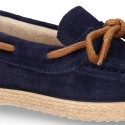 Suede leather Kids Moccasin shoes espadrille style with ribbons design.