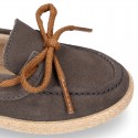 Suede leather Kids Moccasin shoes espadrille style with ribbons design.