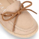 Suede leather Kids Moccasin shoes espadrille style with ribbons design.