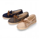 Suede leather Kids Moccasin shoes espadrille style with ribbons design.