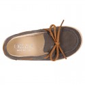 Suede leather Kids Moccasin shoes espadrille style with ribbons design.