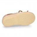 Suede leather Kids Moccasin shoes espadrille style with ribbons design.