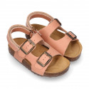 Cowhide leather kids sandals BIO style with hook and loop strap and side buckles.