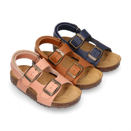 Cowhide leather kids sandals BIO style with hook and loop strap and side buckles.