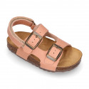 Cowhide leather kids sandals BIO style with hook and loop strap and side buckles.