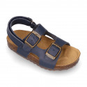 Cowhide leather kids sandals BIO style with hook and loop strap and side buckles.