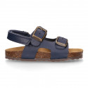 Cowhide leather kids sandals BIO style with hook and loop strap and side buckles.