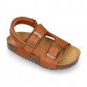 Cowhide leather kids sandals BIO style with hook and loop strap and side buckles.