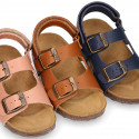 Cowhide leather kids sandals BIO style with hook and loop strap and side buckles.