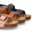 Cowhide leather kids sandals BIO style with hook and loop strap and side buckles.