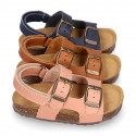 Cowhide leather kids sandals BIO style with hook and loop strap and side buckles.