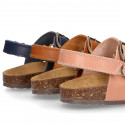Cowhide leather kids sandals BIO style with hook and loop strap and side buckles.