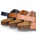 Cowhide leather kids sandals BIO style with hook and loop strap and side buckles.