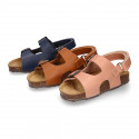 Cowhide leather kids sandals BIO style with hook and loop strap and side buckles.