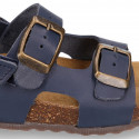Cowhide leather kids sandals BIO style with hook and loop strap and side buckles.
