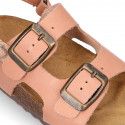 Cowhide leather kids sandals BIO style with hook and loop strap and side buckles.