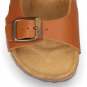 Cowhide leather kids sandals BIO style with hook and loop strap and side buckles.